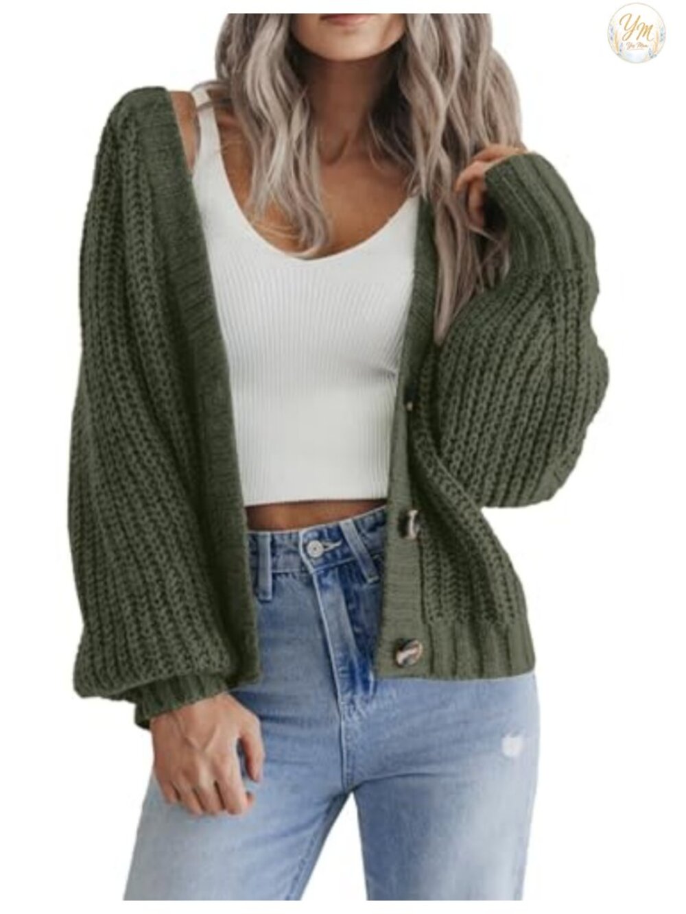 Chunky Knit Button Down Cropped Cardigan Long Sleeve Sweater